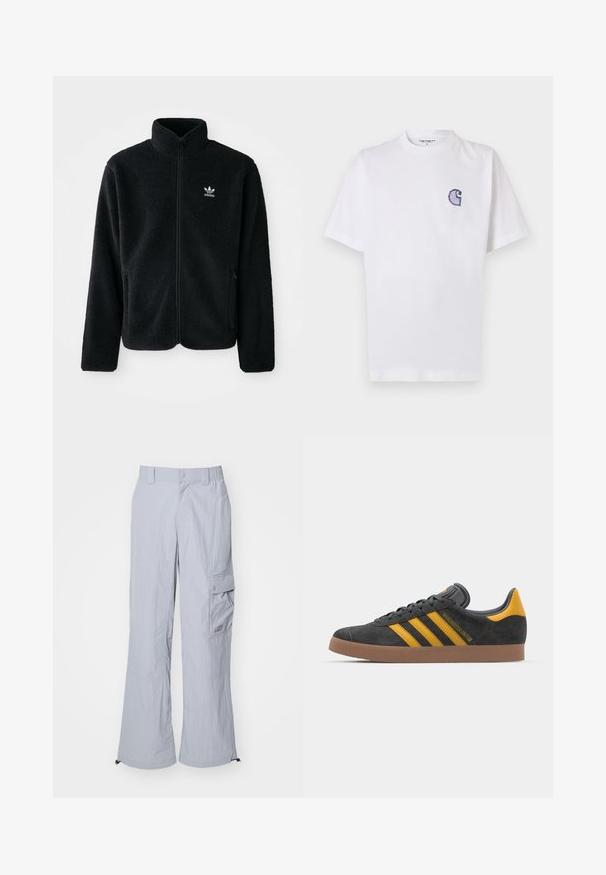 Črna flis jakna z visokim ovratnikom, z zadrgo spredaj in sprednjimi žepi. Ima strukturno blago in majhno belo logo na levi strani prsnega koša.; Bela bombažna majica s kratkimi rokavi, okrolim izrezom in majhnim, vezenim modrim logotipom "C" na levi strani prsnega koša.; Svetlo sivi cargo hlače iz lahkega materiala, s sproščenim krojem, stranskimi žepi in nastavljivimi robovi za prilagodljivost.; Črne semiš tene z rumenimi akcenti, ki vsebujejo tri trakove in rjavo gumo podplat. Vključujejo oblazinjeno jezik za udobje.