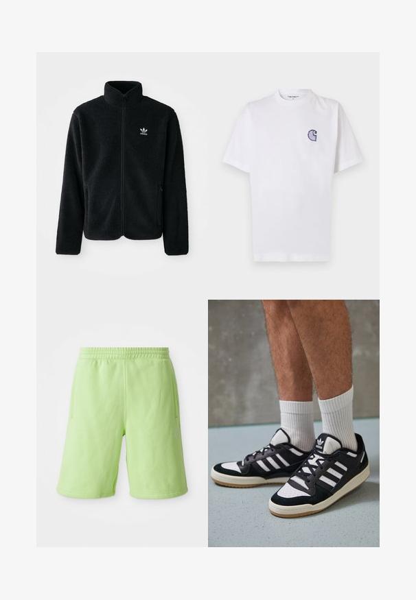 Fekete bolyhos dzseki magas gallérral, cipzáros elejével és elülső zsebeivel. Texturált anyaga és kis fehér logója van a bal mellen.; Fehér pamut póló rövid ujjakkal, kerek nyakkivágással és egy kis, hímzett kék "C" logóval a bal mellrészen.; Lime zöld rövidnadrág, puha anyagból készült, rugalmas derékkal, oldalsó zsebekkel és egy kis fehér logóval a jobb alsó oldalon.; Fekete-fehér tornacipők velúr és bőr felsőrésszel, három fehér csíkkal, perforált orral és gumi talppal.