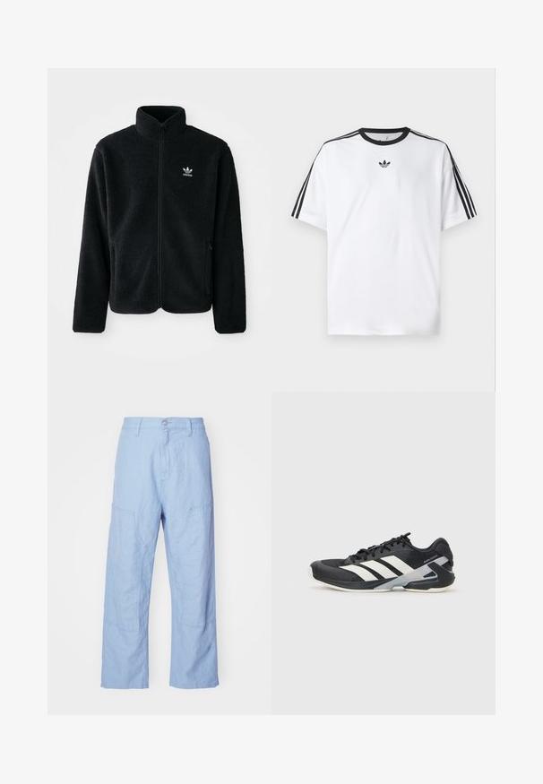 Black fleece jacket with high collar, zip front, and front pockets. Features textured fabric and small white logo on left chest.; White T-shirt made of cotton, featuring a black round neckline and three black stripes on each shoulder. Small black logo on the chest.; Light blue linen pants with a relaxed fit, featuring patch pockets and visible stitching details. The fabric has a soft, textured appearance.; Black athletic shoe with white stripes, mesh upper, rounded toe, and cushioned sole. Features a textured heel and secure lacing system.