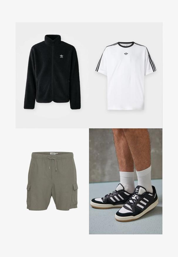 Must värviline fleecedee peasärk kõrge kraega, tõmblukuga esiosa ja esikotid. Omab tekstuuriga kangast ja väikest valget logo vasakul rinnal.; Valge puuvillane T-särk, millel on must ümmargune kaelus ja kolm musta triipu igal õlal. Rinnal väike must logo.; Oliivrohelised cargo-shortsid, millel on paelaga vöökoht, küljetaskud ja kerge, tekstuuriga materjal.; Mustvalged ja valged spordijalatsid, mille pealmine osa on valmistatud suede'ist ja nahast. Kingadel on kolm valget riba, auguline varvas ja kummist tald.