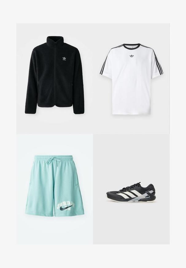 Melns flīsa mētelis ar augstu apkakli, ar rāvējslēdzēju priekšā un priekšējiem kabatām. Iezīmē ar teksturētu audumu un mazu baltu logo uz kreisā krūtīm.; Baltā T-krekla izgatavots no kokvilnas, ar melnu apaļu kakla izgriezumu un trim melnām svītrām uz katra pleca. Mazs melns logo uz krūtīm.; Gaiši zilgani kokvilnas šorti ar elastīgu jostu un aukliņu, uz kuriem sānos ir drukāts teksts "JORDAN 23" un melnā Nike logo.; Melnas sporta kurpes ar baltām svītrām, acs augšdaļa, noapaļots pirksts un mīksts zole. Iespējams ar teksturētu papēdi un drošu šņoru sistēmu.