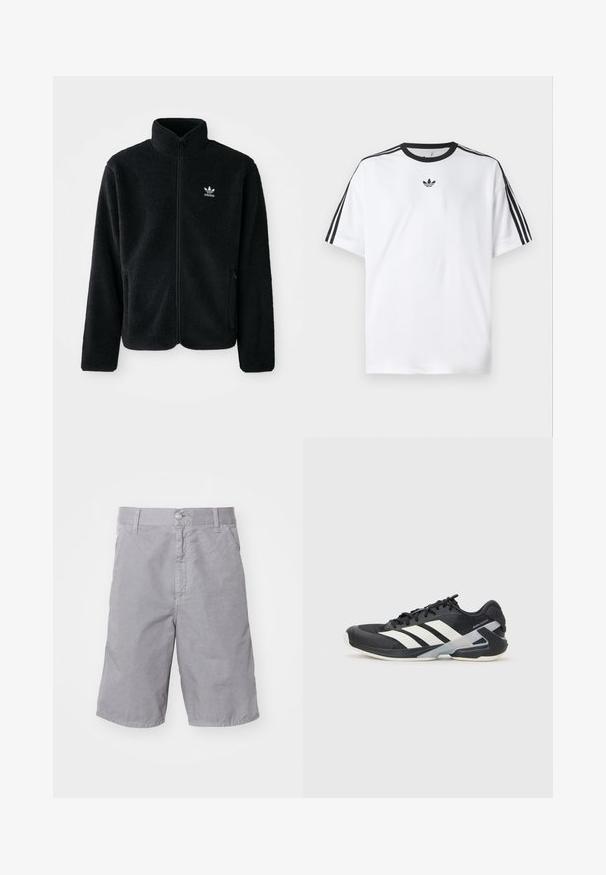 Musta fleece-takki, jossa on korkea kaulus, vetoketjusuljenta ja etutaskut. Käyttää teksturoitua kangasta ja siinä on pieni valkoinen logo vasemmassa rinnassa.; Valkoinen t-paita, joka on valmistettu puuvillasta, mustalla pyöreällä kaula-aukolla ja kolmella mustalla raidalla jokaisella olkapäällä. Pieni musta logo rinnassa.; Harmaat puuvillahousut, joissa on nappikiinnitys, litteä etuosa, sivutaskut ja suora lahkeen muoto. Pehmeä rakenne ja rento istuvuus.; Mustat urheilukengät valkoisilla raidoilla, verkkomateriaalia ylhäällä, pyöristetty kärki ja pehmustettu pohja. Varustettu teksturoidulla kantapäällä ja turvallisella nauhoitusjärjestelmällä.