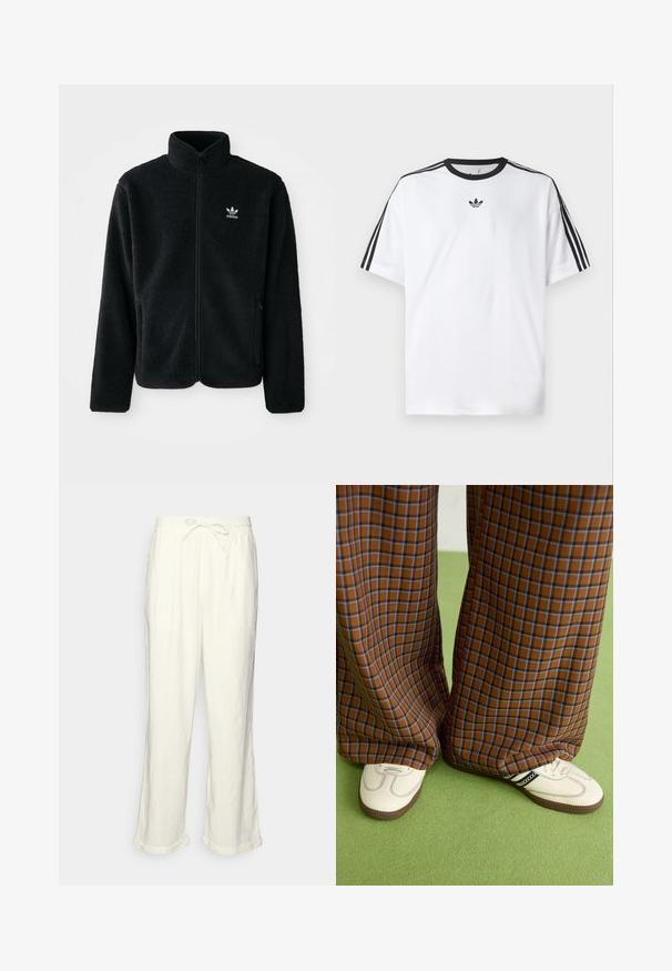 Crna fleec jakna s visokim ovratnikom, prednjim zatvaračem i prednjim džepovima. Ima teksturirani materijal i mali bijeli logo na lijevoj strani prsnog koša.; Bijela majica od pamuka, s crnim okruglim izrezom i tri crne pruge na svakom ramenu. Mali crni logo na prsima.; Linen hlače u boji slonovače s elastičnim pojasom, lagano širokim nogavicama i uvrnutim manžetama za opušteni izgled. Bez džepova.; Smeđe i plave karirane široke hlače uparene s bijelim cipelama s crnim akcentima i teksturiranim potplatom, na zelenoj pozadini.