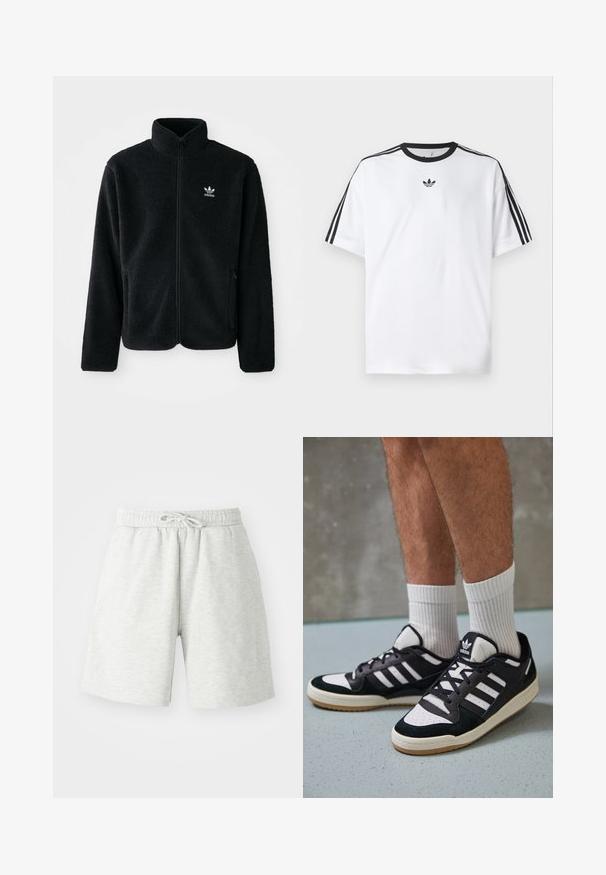 Veste en polaire noire avec col haut, fermeture éclair à l'avant et poches перед тобой. Présente un tissu texturé et un petit logo blanc sur la poitrine gauche.; T-shirt blanc en coton, doté d'un col rond noir et de trois rayures noires sur chaque épaule. Petit logo noir sur la poitrine.; Shorts en coton gris clair avec une taille élastique, un cordon de serrage et des poches latérales. Texture douce, design longueur genoux.; Baskets noir et blanc avec une tige en suède et cuir, comportant trois rayures blanches, un bout perforé et une semelle en caoutchouc gum.