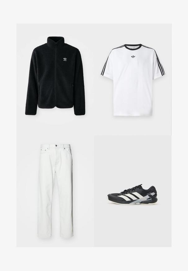 Črna flis jakna z visokim ovratnikom, z zadrgo spredaj in sprednjimi žepi. Ima strukturno blago in majhno belo logo na levi strani prsnega koša.; Bela majica iz bombaža z črnimi okroglimi izrezi in tremi črnimi črtami na vsakem ramu. Majhen črn logotip na prsih.; Bele jeans iz belega džinsa z ravnim krojem, petimi žepi, zapiranjem na gumb in subtilnimi šivi. Gladka tekstura in minimalističen stil.; Črne atletske čevlje z belimi črtami, mrežastim zgornjim delom, zaobljenim nosom in blaženim podplatom. Imajo teksturiran petni del in varen sistem vezalk.