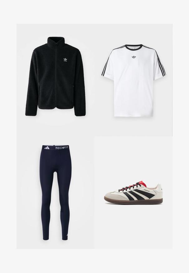 Zwarte fleece jacket met hoge kraag, ritssluiting aan de voorkant en voorzakken. Kenmerkt zich door textuurstof en een klein wit logo op de linkerborst.; Witte T-shirt van katoen, met een zwarte ronde halslijn en drie zwarte strepen op elke schouder. Klein zwart logo op de borst.; Techfit sportleggings in marineblauw, gemaakt van rekbaar materiaal. Heeft een brede tailleband met logo, gladde textuur en een aansluitend ontwerp.; Witte en zwarte sneakers met rode accenten, voorzien van een bovenwerk van suede en leer, drie zwarte strepen, platte veters en een gestructureerde rubberen zool.