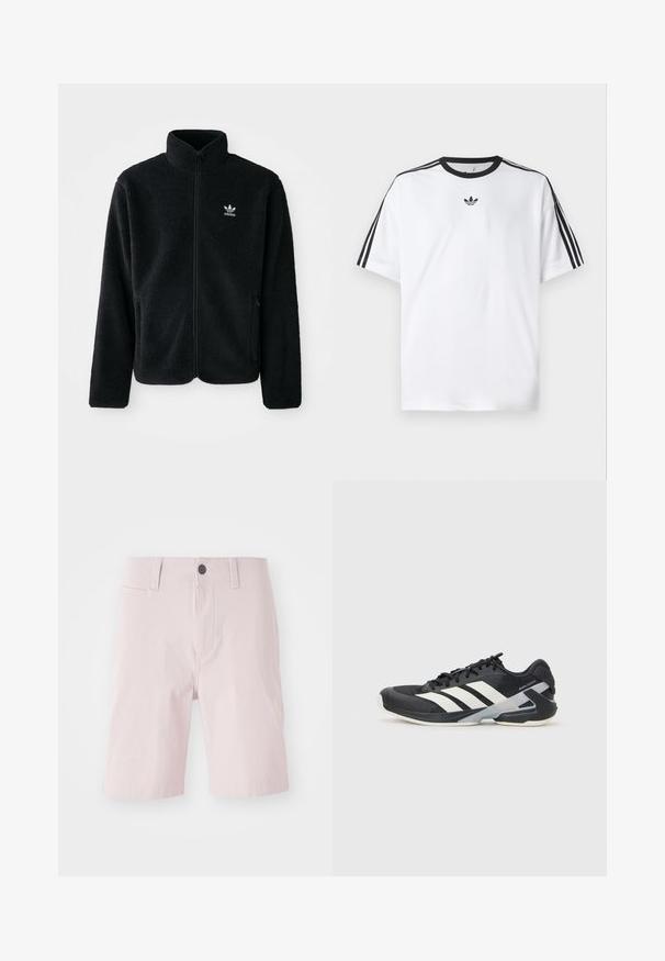 Svart fleecejakke med høy krage, glidelås foran og frontlommer. Har strukturert stoff og liten hvit logo på venstre bryst.; Hvit T-skjorte laget av bomull, med svart rund hals og tre svarte striper på hver skulder. Liten svart logo på brystet.; Lyserøde shorts laget av bomull, med flat front, beltesløyfer, en enkel knappelukking og side lommer. Glatt tekstur.; Svart treningssko med hvite striper, mesh-overdel, avrundet tå og polstret såle. Har en teksturert hæl og et sikkert snøresystem.