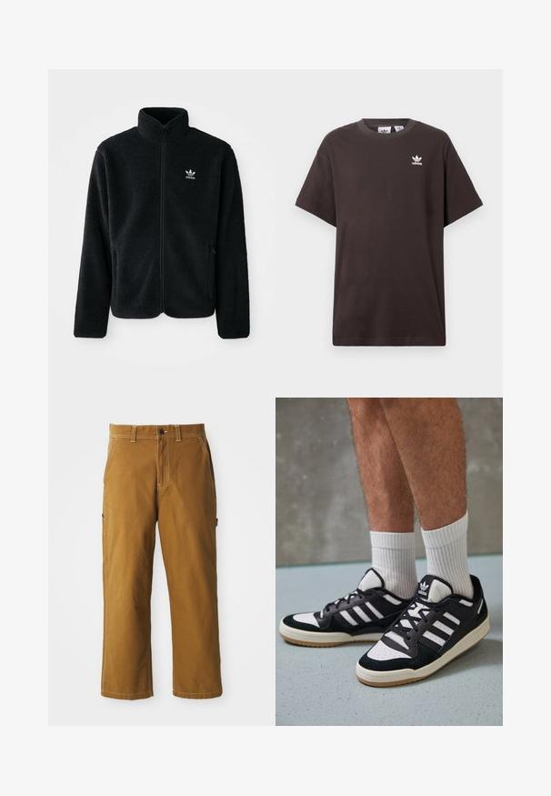 Sort fleecejakke med høj krave, lynlås foran og frontlommer. Har tekstureret stof og lille hvidt logo på venstre bryst.; Mørkebrun bomulds t-shirt med korte ærmer, rund hals og hvid Adidas-logo på venstre bryst. Enkel, afslappet pasform.; Brune bomuldsbukser med lige pasform, forstærkede sømme og sidelommer. Har en knaplukning og bæltestropper i taljen.; Sorte og hvide sneakers med en overdel i ruskind og læder, der har tre hvide striber, en perforeret tå og en sål i gummigummi.