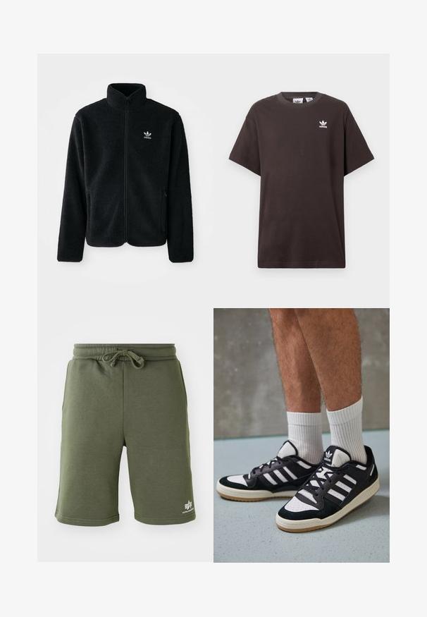 Juodas fliso džemperis su aukštu apykakle, užtrauktuku priekyje ir priekinėmis kišenėmis. Ypatybės: tekstūruota medžiaga ir mažas baltas logotipas kairėje krūtinės pusėje.; Tamsiai ruda medvilninė marškinėlių su trumpomis rankovėmis, apvaliu kaklu ir balta Adidas logotipu kairėje krūtinės pusėje. Paprastas, laisvas siluetas.; Alyvinės spalvos medvilniniai šortai su elastinga juosmens juosta ir raišteliu. Yra šoninės kišenės ir mažas logotipas apatiniame kojų gale.; Juodos ir baltos sportinės bateliai su zomšiniu ir odiniu viršumi, su trimis baltomis juostelėmis, perforuota koja ir guminėmis padais.