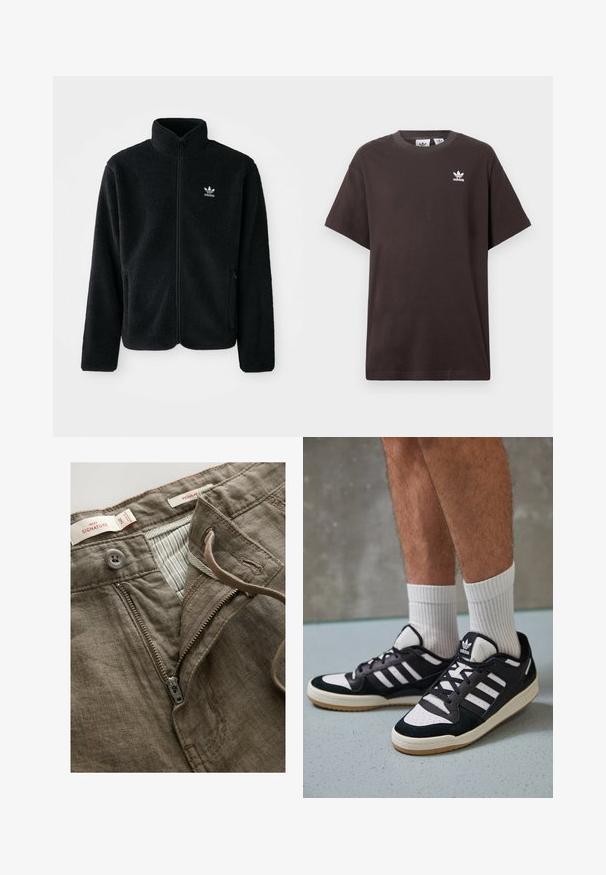 Crna fleec jakna s visokim ovratnikom, prednjim zatvaračem i prednjim džepovima. Ima teksturirani materijal i mali bijeli logo na lijevoj strani prsnog koša.; Tamno smeđa pamučna majica kratkih rukava s okruglim izrezom i bijelim Adidas logom na lijevoj strani prsa. Jednostavan, opušteni kroj.; Smeđe lanene hlače s prednjim patentnim zatvaračem, kopčanjem na gumb i prugastom unutarnjom podstavom. Uključuju detalje šivanja i etikete.; Crne i bijele tenisice s gornjim dijelom od antilopa i kože, s tri bijele pruge, perforiranim prstom i gumiranim potplatom.
