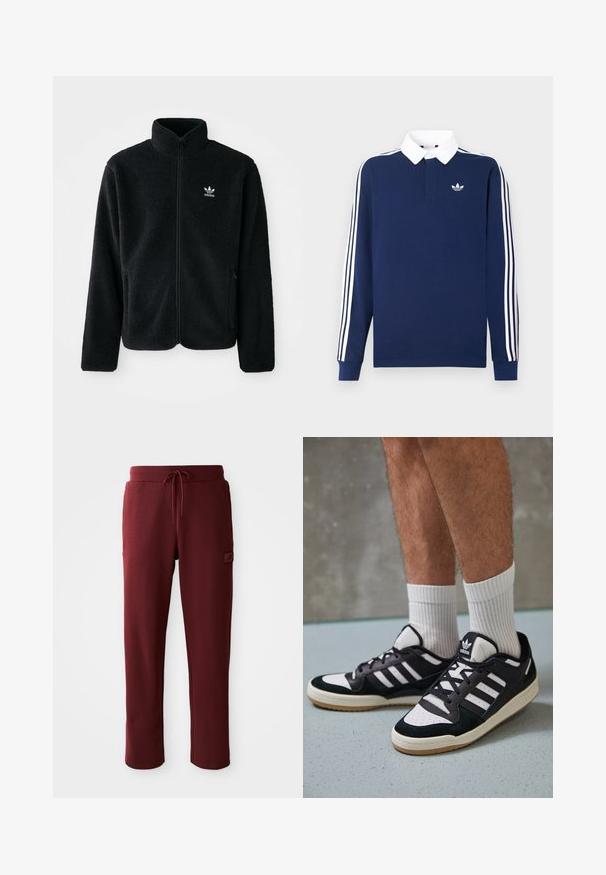 Casaco de fleece preto com gola alta, fecho de correr à frente e bolsos frontais. Apresenta um tecido texturizado e um pequeno logo branco no lado esquerdo do peito.; Polo azul-marinho de manga comprida, tecido em algodão, gola branca, apresenta três riscas brancas clássicas ao longo das mangas, com um pequeno logótipo no peito.; Calças de moletão bordô feitas de um tecido suave, com uma cintura ajustável por cordão e um bolso lateral com um patch de logotipo.; Ténis em preto e branco com upper em camurça e couro, apresentando três riscas brancas, um toe perfurado e uma sola em borracha de goma.