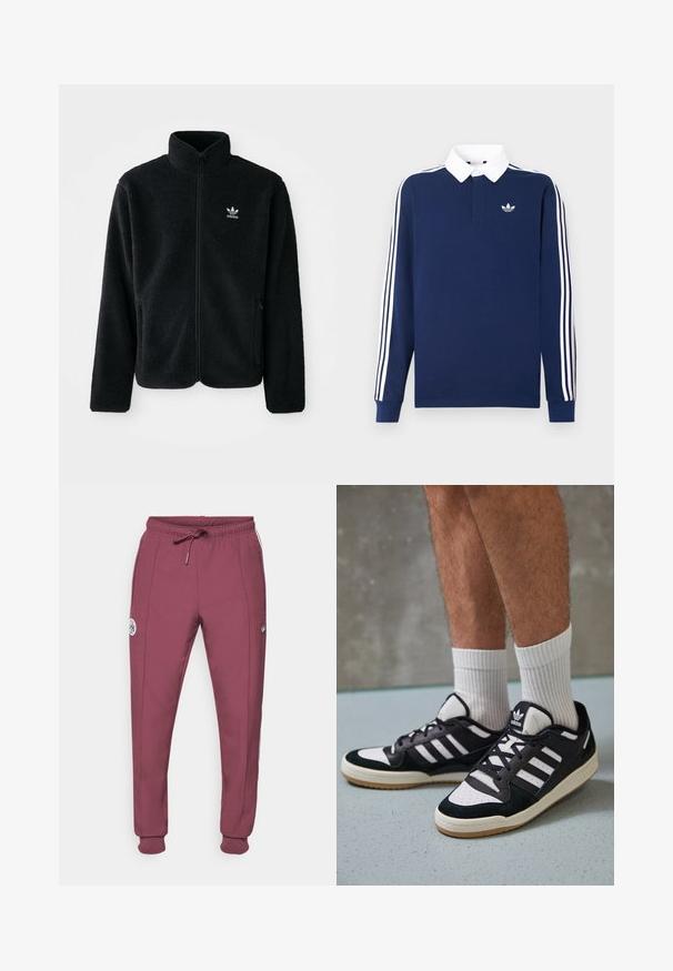 Juodas fliso džemperis su aukštu apykakle, užtrauktuku priekyje ir priekinėmis kišenėmis. Ypatybės: tekstūruota medžiaga ir mažas baltas logotipas kairėje krūtinės pusėje.; Tamsiai mėlynas polo marškinėliai ilgomis rankovėmis, medvilnės audinys, balti apykaklė, klasikinės trys baltos juostelės rankovėse, maža logotipas ant krūtinės.; adidas Originals AJAX ICON TRACK PANT - Sporto klubų atributika - victory crimson; Juodos ir baltos sportinės bateliai su zomšiniu ir odiniu viršumi, su trimis baltomis juostelėmis, perforuota koja ir guminėmis padais.