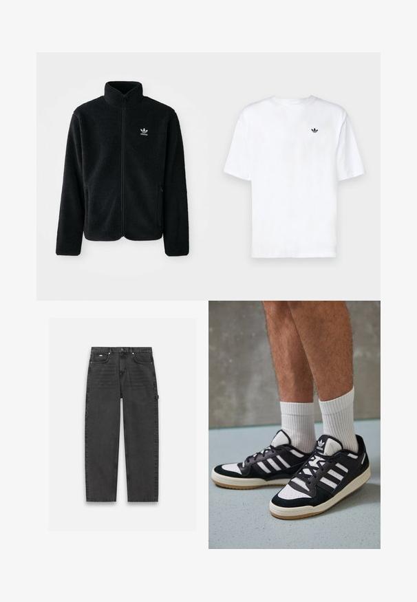 Casaco de fleece preto com gola alta, fecho de correr à frente e bolsos frontais. Apresenta um tecido texturizado e um pequeno logo branco no lado esquerdo do peito.; T-shirt branca de algodão com mangas curtas, apresentando um pequeno logótipo preto na área do peito esquerdo. Decote redondo e corte descontraído.; Calças de ganga cinza-escuras com um design de pernas retas, estilo de cinco bolsos e um fecho visível com botão e zip. Apresenta detalhes mínimos.; Ténis em preto e branco com upper em camurça e couro, apresentando três riscas brancas, um toe perfurado e uma sola em borracha de goma.