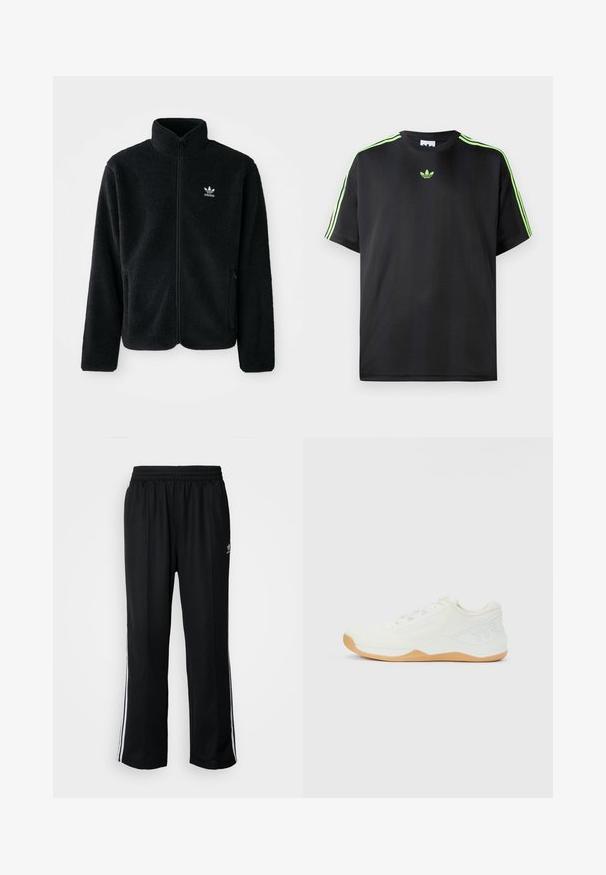 Musta fleece-takki, jossa on korkea kaulus, vetoketjusuljenta ja etutaskut. Käyttää teksturoitua kangasta ja siinä on pieni valkoinen logo vasemmassa rinnassa.; Mustat T-paita, joka on valmistettu sileästä kankaasta ja jossa on pyöreä kaula-aukko. Paidassa on kolme vihreää raitaa olkapäissä ja pieni vihreä logo rinnassa.; Mustat urheiluhousut, joissa on joustava vyötärö, valkoiset sivuraidat ja pieni logo. Materiaali näyttää pehmeältä ja kevyeltä.; Valkoinen matalapohjainen urheilujalkine, jossa on neulottu päällinen, beige kumipohja, nauhat ja kohotettu "TYR"-logo kantapään sivussa.