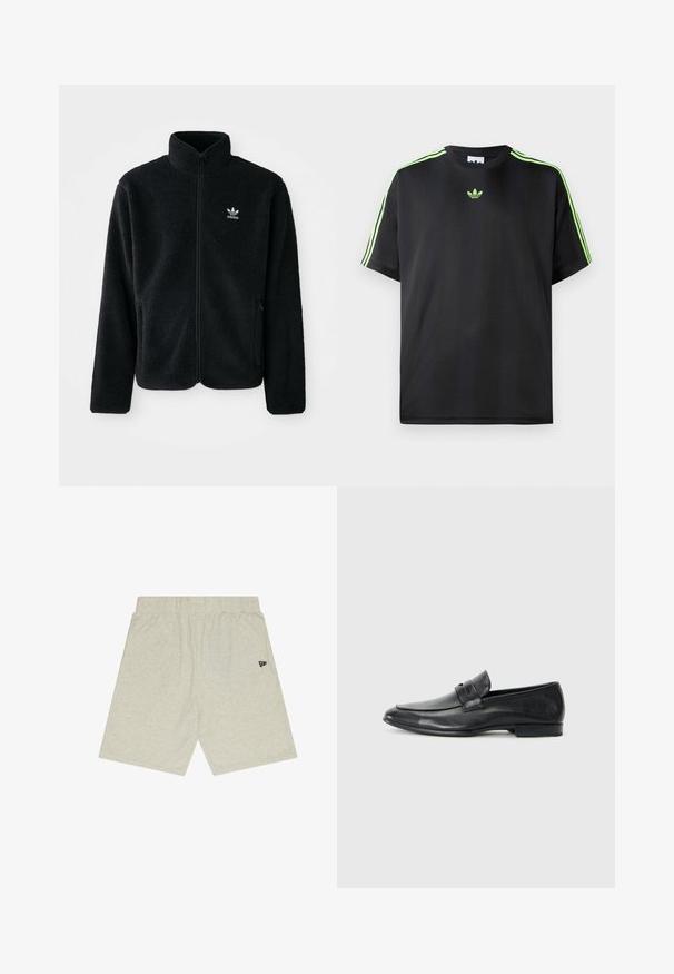 Chupa de forro polar negro con cuello alto, cierre frontal y bolsillos delanteros. Presenta tela texturizada y un pequeño logo blanco en el lado izquierdo del pecho.; Camiseta negra de tejido suave con cuello redondo, que presenta tres rayas verdes en los hombros y un pequeño logo verde en el pecho.; Pantalones cortos de algodón gris claro con cintura elástica. Diseño sencillo, corte recto, con un pequeño logo negro en el lado izquierdo.; Mocasines de cuero negro con puntera redondeada, detalles de costura, banda ancha en el empeine y un tacón bajo y plano. Acabado suave.