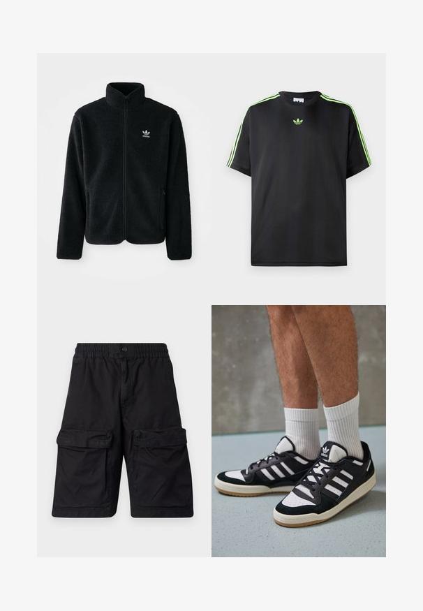 Crna fleec jakna s visokim ovratnikom, prednjim zatvaračem i prednjim džepovima. Ima teksturirani materijal i mali bijeli logo na lijevoj strani prsnog koša.; Crna majica kratkih rukava od glatkog materijala s okruglim izrezom, sa tri zelene pruge na ramenima i malim zelenim logotipom na prsima.; Crne kratke hlače od izdržljivog materijala s elastičnim pojasom, dva velika cargo džepa sa svake strane i šivanim detaljima.; Crne i bijele tenisice s gornjim dijelom od antilopa i kože, s tri bijele pruge, perforiranim prstom i gumiranim potplatom.