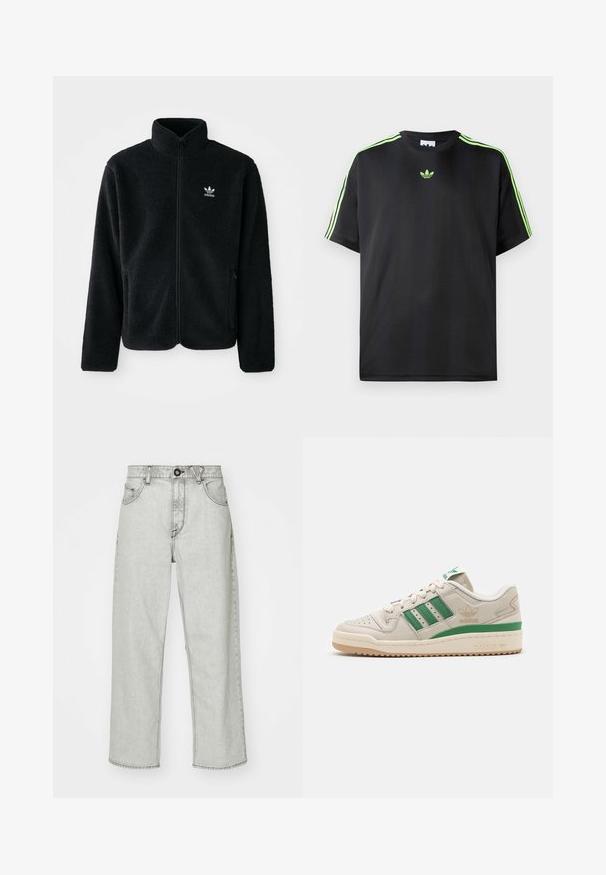Schwarze Fleecejacke mit hohem Kragen, durchgehendem Reißverschluss und Fronttaschen. Verfügt über strukturiertes Material und ein kleines weißes Logo auf der linken Brust.; Schwarzes T-Shirt aus glattem Stoff mit Rundhalsausschnitt, das drei grüne Streifen auf den Schultern und ein kleines grünes Logo auf der Brust zeigt.; Hellgraue, hochtaillierte Jeans mit lockerem Schnitt, fünf Taschen, vorderem Knopfverschluss und dezentem Texturmuster auf dem Denim-Stoff.; Adidas-Sneaker mit einem Obermaterial aus beigem Leder, grünen Streifen und einer Gummisohle. Verfügt über einen gepolsterten Kragen und eine perforierte Zehenpartie für Atmungsaktivität.