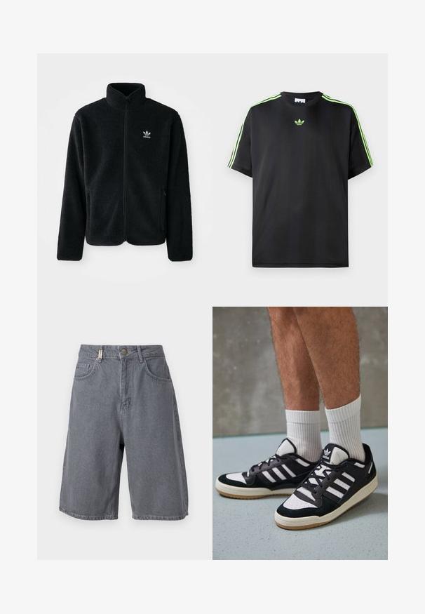 Svart fleecejakke med høy krage, glidelås foran og frontlommer. Har strukturert stoff og liten hvit logo på venstre bryst.; Svart t-skjorte laget av glatt stoff med rund hals, med tre grønne striper på skuldrene og en liten grønn logo på brystet.; Grå denimshorts med en avslappet passform, med knapplukking, fem lommer og en lett falmet tekstur. Klassisk og allsidig design.; Sorte og hvite sneakers med overdel i semsket skinn og lær, med tre hvite striper, perforert tå og en såle av gummi.