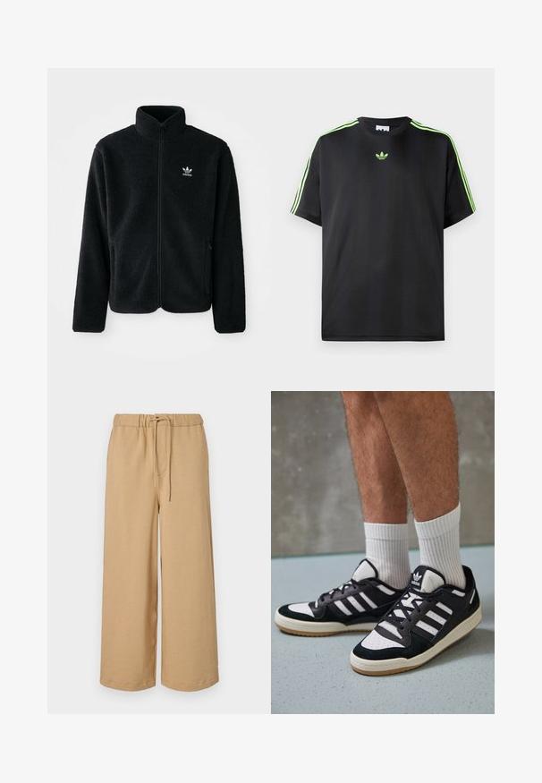 Fekete bolyhos dzseki magas gallérral, cipzáros elejével és elülső zsebeivel. Texturált anyaga és kis fehér logója van a bal mellen.; Fekete póló sima anyagból, kerek nyakkivágással, három zöld csíkkal a vállakon és egy kis zöld logóval a mellkason.; Bézs színű, laza szárú nadrág, puha anyagból készült, rugalmas derékpánttal és zsinórral, oldalsó zsebekkel, egyenes szabású.; Fekete-fehér tornacipők velúr és bőr felsőrésszel, három fehér csíkkal, perforált orral és gumi talppal.