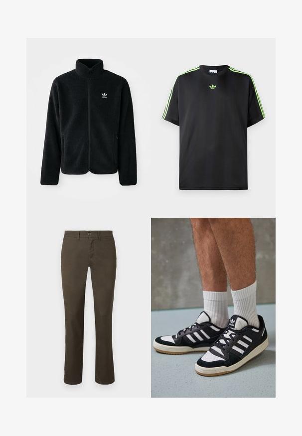 Veste en polaire noire avec col haut, fermeture éclair à l'avant et poches перед тобой. Présente un tissu texturé et un petit logo blanc sur la poitrine gauche.; T-shirt noir en tissu lisse avec un col rond, présentant trois bandes vertes sur les épaules et un petit logo vert sur la poitrine.; Pantalons marron foncé en mélange de coton. Présentent une fermeture à bouton, un design à jambes droites et une texture subtile sans motifs ni embellissements visibles.; Baskets noir et blanc avec une tige en suède et cuir, comportant trois rayures blanches, un bout perforé et une semelle en caoutchouc gum.