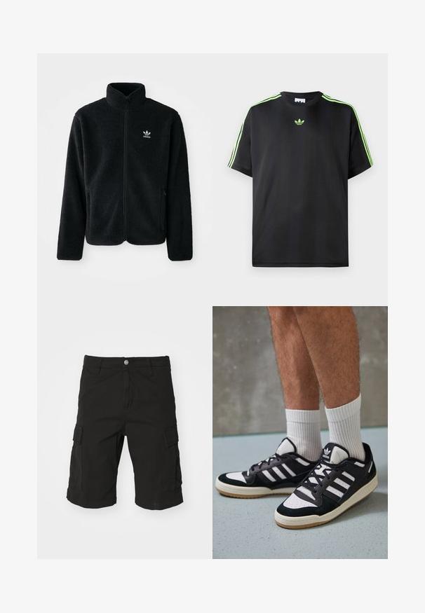Fekete bolyhos dzseki magas gallérral, cipzáros elejével és elülső zsebeivel. Texturált anyaga és kis fehér logója van a bal mellen.; Fekete póló sima anyagból, kerek nyakkivágással, három zöld csíkkal a vállakon és egy kis zöld logóval a mellkason.; Fekete cargo rövidnadrág tartós anyagból, oldalsó zsebekkel, gombos záródással és felhajtott szegélyekkel. Egyenes szabású dizájn.; Fekete-fehér tornacipők velúr és bőr felsőrésszel, három fehér csíkkal, perforált orral és gumi talppal.