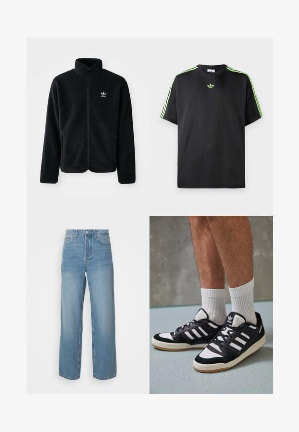 Svart fleecejakke med høy krage, glidelås foran og frontlommer. Har strukturert stoff og liten hvit logo på venstre bryst.; Svart t-skjorte laget av glatt stoff med rund hals, med tre grønne striper på skuldrene og en liten grønn logo på brystet.; Høytlivs lys blå denimjeans med rette ben, front lukking med knapp, og fem lommer på ensfarget bakgrunn.; Sorte og hvite sneakers med overdel i semsket skinn og lær, med tre hvite striper, perforert tå og en såle av gummi.