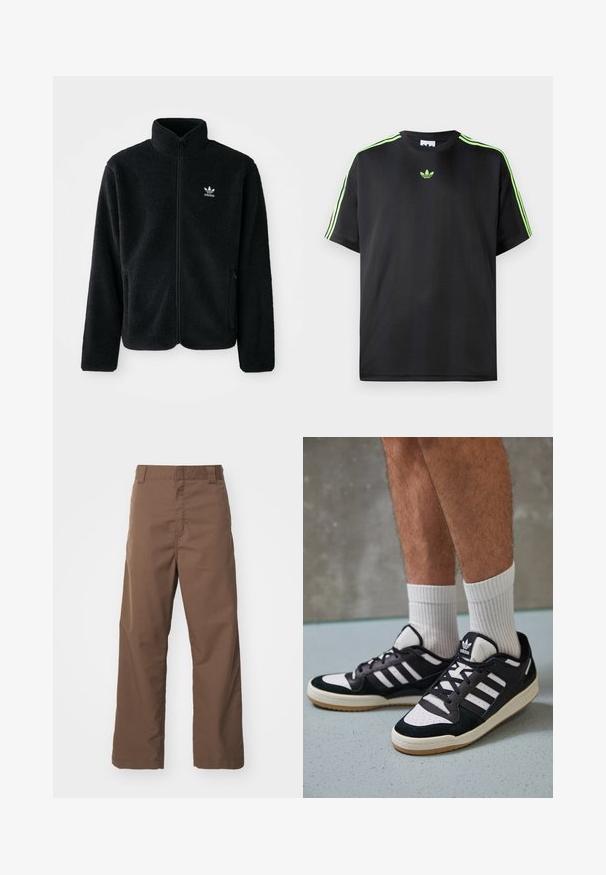 Juodas fliso džemperis su aukštu apykakle, užtrauktuku priekyje ir priekinėmis kišenėmis. Ypatybės: tekstūruota medžiaga ir mažas baltas logotipas kairėje krūtinės pusėje.; Juodas marškinėliai, pagaminti iš lygios medžiagos, su apykakle, turinčia tris žalias juosteles ant pečių ir mažą žalią logotipą ant krūtinės.; Rudos tiesios kelnės, pagamintos iš patvarios medžiagos su lygiu paviršiumi. Turi diržo kilpas ir plokščią priekinę dalį, tinkančios kasdieniam dėvėjimui.; Juodos ir baltos sportinės bateliai su zomšiniu ir odiniu viršumi, su trimis baltomis juostelėmis, perforuota koja ir guminėmis padais.