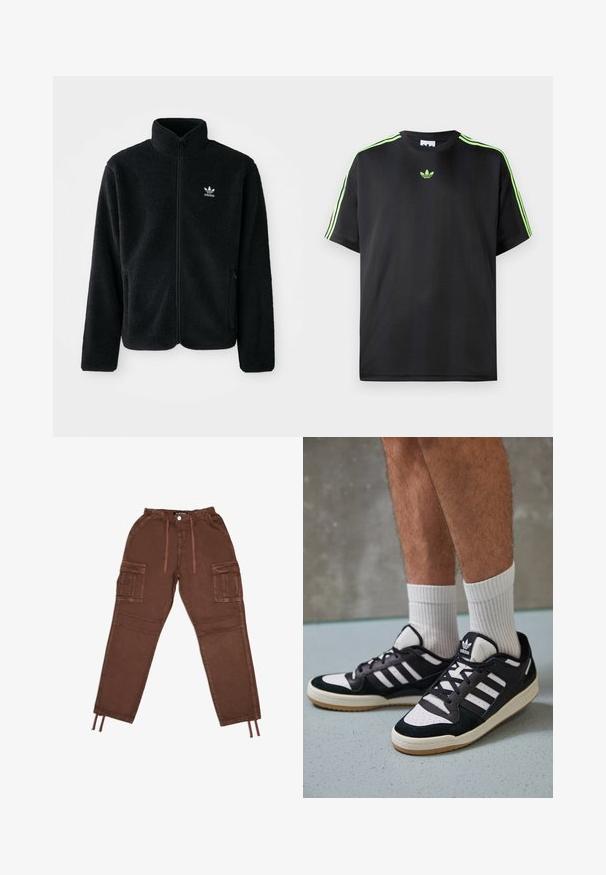 Črna flis jakna z visokim ovratnikom, z zadrgo spredaj in sprednjimi žepi. Ima strukturno blago in majhno belo logo na levi strani prsnega koša.; Črna majica iz gladkega materiala s krožnim izrezom, na ramenih pa ima tri zelene črte in majhen zelen logotip na prsih.; Rjave cargo hlače iz lahkega materiala, z elastičnim pasom, žepi na straneh in vrvicami na robovih hlač.; Črno-bele superge z zgornjim delom iz usnja in nubuka, ki imajo tri bele črte, perforiran vrh prstov in podplat iz gume.