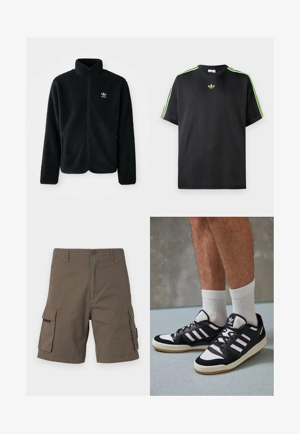 Black fleece jacket with high collar, zip front, and front pockets. Features textured fabric and small white logo on left chest.; Black T-shirt made of smooth fabric with a crew neckline, featuring three green stripes on the shoulders and a small green logo on the chest.; Cargo shorts in olive green, made from cotton, featuring two side pockets, a button closure, and a straight leg design.; Black and white sneakers with a suede and leather upper, featuring three white stripes, a perforated toe, and a gum rubber sole.