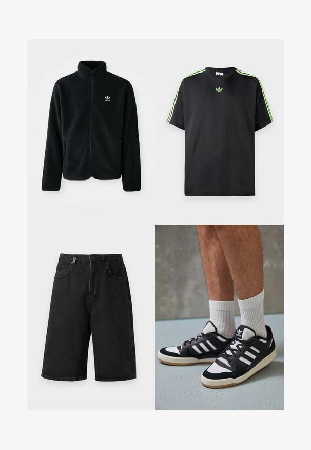 Juodas fliso džemperis su aukštu apykakle, užtrauktuku priekyje ir priekinėmis kišenėmis. Ypatybės: tekstūruota medžiaga ir mažas baltas logotipas kairėje krūtinės pusėje.; Juodas marškinėliai, pagaminti iš lygios medžiagos, su apykakle, turinčia tris žalias juosteles ant pečių ir mažą žalią logotipą ant krūtinės.; Juodi džinsiniai šortai su laisvu įsitvirtinimu, vidutinio aukščio juosmena, penkiomis kišenėmis ir diržo kilpos. Audinys turi lygų paviršių ir subtilius siuvinėjimo akcentus.; Juodos ir baltos sportinės bateliai su zomšiniu ir odiniu viršumi, su trimis baltomis juostelėmis, perforuota koja ir guminėmis padais.