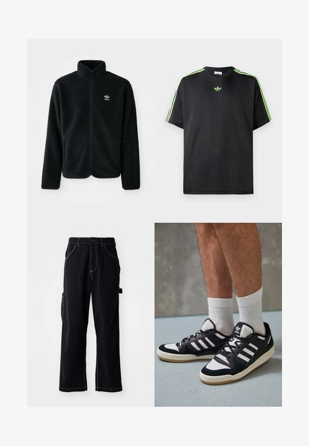 Schwarze Fleecejacke mit hohem Kragen, durchgehendem Reißverschluss und Fronttaschen. Verfügt über strukturiertes Material und ein kleines weißes Logo auf der linken Brust.; Schwarzes T-Shirt aus glattem Stoff mit Rundhalsausschnitt, das drei grüne Streifen auf den Schultern und ein kleines grünes Logo auf der Brust zeigt.; Schwarze Cargo-Hosen mit einer lockeren Passform, featuring einem Kordelzugbund, seitlichen Taschen und kontrastierenden weißen Nähten.; Schwarz-weiße Sneaker mit einem Obermaterial aus Wildleder und Leder, ausgestattet mit drei weißen Streifen, einer perforierten Zehenpartie und einer Sohle aus Gummi.