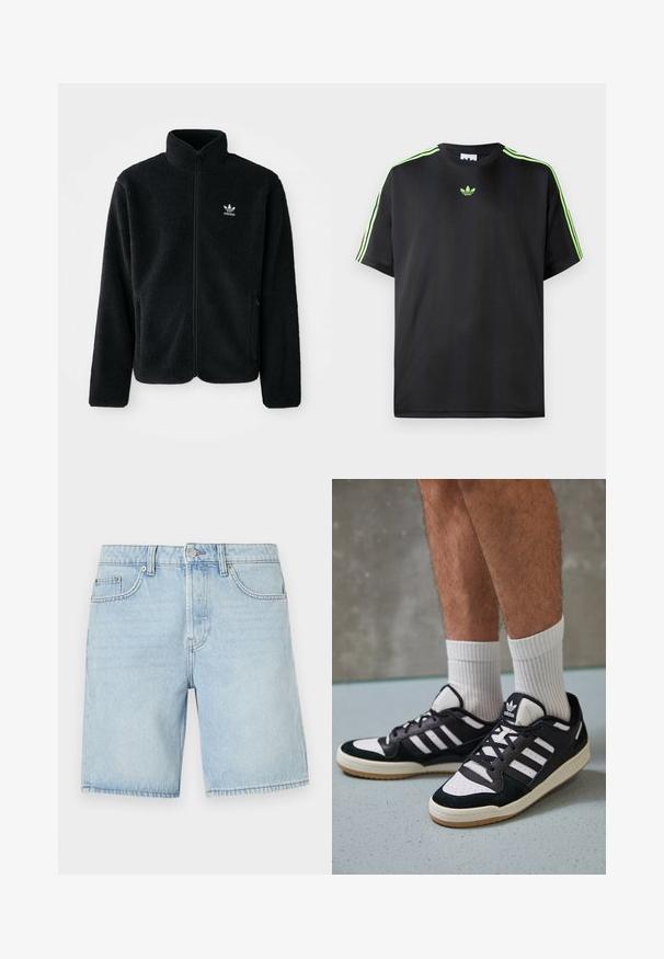 Chupa de forro polar negro con cuello alto, cierre frontal y bolsillos delanteros. Presenta tela texturizada y un pequeño logo blanco en el lado izquierdo del pecho.; Camiseta negra de tejido suave con cuello redondo, que presenta tres rayas verdes en los hombros y un pequeño logo verde en el pecho.; Shorts de mezclilla azul claro con un diseño clásico de cinco bolsillos, corte recto y costuras visibles. Presenta un cierre de botón metálico y cremallera.; Zapatillas en blanco y negro con parte superior de ante y cuero, que presentan tres franjas blancas, una puntera perforada y una suela de goma.