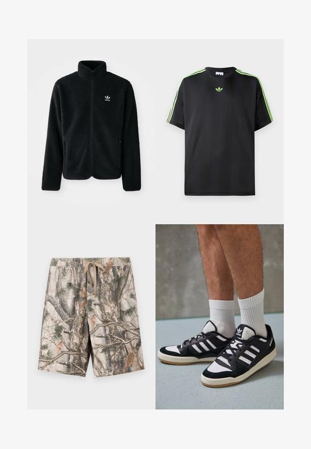 Fekete bolyhos dzseki magas gallérral, cipzáros elejével és elülső zsebeivel. Texturált anyaga és kis fehér logója van a bal mellen.; Fekete póló sima anyagból, kerek nyakkivágással, három zöld csíkkal a vállakon és egy kis zöld logóval a mellkason.; kamuflázs mintás, könnyű anyagú rövidnadrág; rugalmas derékpántja van, amely húzózsinórral állítható; színek: bézs, barna és zöld.; Fekete-fehér tornacipők velúr és bőr felsőrésszel, három fehér csíkkal, perforált orral és gumi talppal.