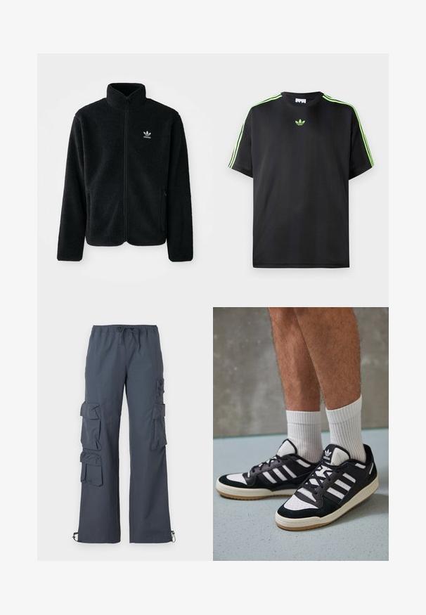 Melns flīsa mētelis ar augstu apkakli, ar rāvējslēdzēju priekšā un priekšējiem kabatām. Iezīmē ar teksturētu audumu un mazu baltu logo uz kreisā krūtīm.; Melnā T-krekls, kas izgatavots no gludas auduma ar apaļu kakla izgriezumu, ar trim zaļām svītrām uz pleciem un mazu zaļu logo uz krūškurvja.; Tumši pelēki kravas bikses ar elastīgu jostu, vairākām lielām kabatām uz sāniem un regulējamām bikšu pēdām pie potītēm.; Melnas un baltas kedas ar zamša un ādas augšdaļu, kas aprīkotas ar trim baltām svītrām, perforētu purngali un gumijas zolēm.