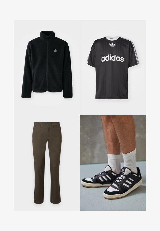 Schwarze Fleecejacke mit hohem Kragen, durchgehendem Reißverschluss und Fronttaschen. Verfügt über strukturiertes Material und ein kleines weißes Logo auf der linken Brust.; Schwarzes T-Shirt mit kurzen Ärmeln, das das weiße "adidas"-Logo und drei Streifen auf jeder Schulter zeigt. Hergestellt aus glattem, leichtem Material mit Rundhalsausschnitt.; Dunkelbraune Hosen aus Baumwollmischung. Verfügt über einen Knopfverschluss, ein gerades Bein-Design und eine subtile Textur ohne sichtbare Muster oder Verzierungen.; Schwarz-weiße Sneaker mit einem Obermaterial aus Wildleder und Leder, ausgestattet mit drei weißen Streifen, einer perforierten Zehenpartie und einer Sohle aus Gummi.