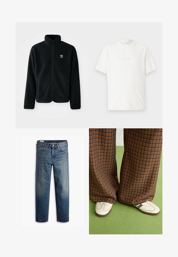 Black fleece jacket with high collar, zip front, and front pockets. Features textured fabric and small white logo on left chest.; White cotton t-shirt with a crew neck, short sleeves, and a small printed logo on the front. Smooth texture and relaxed fit.; Blue straight-leg denim jeans with classic five-pocket design, button closure, and subtle faded wash on thighs and knees.; Brown and blue plaid wide-leg trousers paired with white shoes featuring black accents and textured soles, set against a green background.