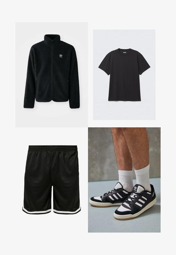 Zwarte fleece jacket met hoge kraag, ritssluiting aan de voorkant en voorzakken. Kenmerkt zich door textuurstof en een klein wit logo op de linkerborst.; Zwarte korte mouwen T-shirt van katoen. Kenmerkt zich door een ronde halslijn en een ontspannen pasvorm. Eenvoudig ontwerp zonder zichtbare patronen of accenten.; Zwarte sportshorts van mesh stof, met een elastische tailleband, witte zijkanten en een losse pasvorm voor comfort.; Zwart-witte sneakers met een bovenwerk van suede en leer, voorzien van drie witte strepen, een geperforeerde neus en een rubberen gumzool.