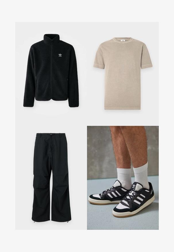 Black fleece jacket with high collar, zip front, and front pockets. Features textured fabric and small white logo on left chest.; Beige cotton t-shirt with short sleeves and a round neckline. Features visible stitching along the sleeves and hem. Simple, smooth texture.; Black, wide-legged trousers featuring a drawstring waist and elastic hems. Made of lightweight, textured fabric. Simple design.; Black and white sneakers with a suede and leather upper, featuring three white stripes, a perforated toe, and a gum rubber sole.