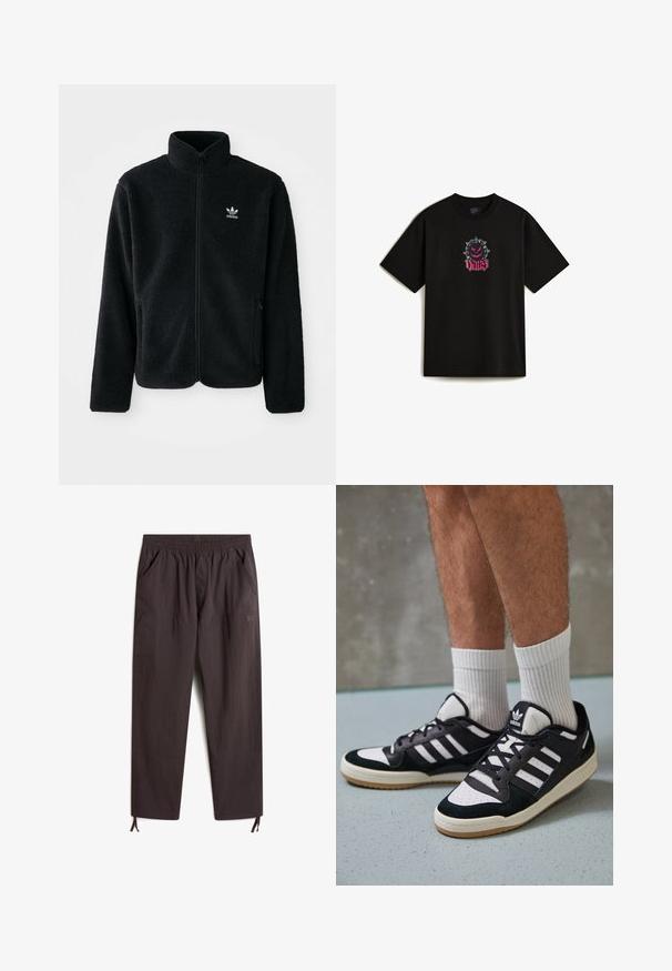 Veste en polaire noire avec col haut, fermeture éclair à l'avant et poches перед тобой. Présente un tissu texturé et un petit logo blanc sur la poitrine gauche.; T-shirt en coton noir avec un design graphique sur le devant représentant un personnage de dessin animé avec des épines et le mot "VANS" en écriture rose. Manches courtes.; Pantalons brun foncé, légers, avec une taille élastique, deux poches latérales, des jambes fuselées et des cordons de serrage ajustables aux poignets.; Baskets noir et blanc avec une tige en suède et cuir, comportant trois rayures blanches, un bout perforé et une semelle en caoutchouc gum.