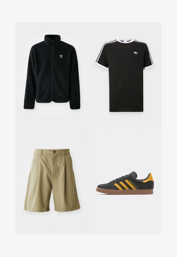 Czarna polarowa kurtka z wysokim kołnierzem, zamek z przodu i kieszeniami z przodu. Posiada teksturowany materiał i małe białe logo na lewej piersi.; Czarny t-shirt wykonany z bawełny z białymi akcentami. Posiada krótkie rękawy, fason raglanowy oraz małe logo na klatce piersiowej. Trzy białe paski na ramionach.; Khaki szorty o luźnym kroju, z płaskim przodem, dwiema kieszeniami i pojedynczym zapięciem na guzik w pasie. Gładka tekstura materiału.; Czarne zamszowe sneakersy z żółtymi akcentami, z trzema paskami i brązową gumową podeszwą. Posiadają wyściełany język dla większego komfortu.
