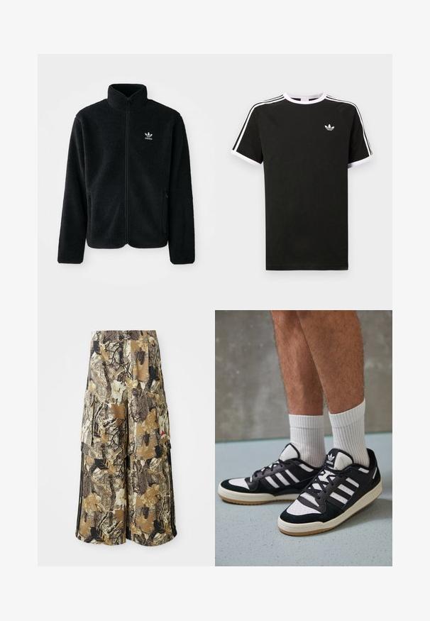 Svart fleecejacka med hög krage, blixtlås fram och framfickor. Har strukturtyg och en liten vit logotyp på vänster bröst.; Svart t-shirt i bomull med vita detaljer. Har korta ärmar, raglan-design och en liten logotyp på bröstet. Tre vita ränder på axlarna.; Kamouflage cargobyxor i brun och beige med bladmönster, elastisk midja, sidofickor och svarta sidostripes. Lättviktsmaterial.; Svartvita sneakers med ovandel i mocka och läder, med tre vita ränder, perforerad tå och sula av gummigummi.