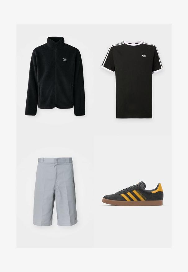 Black fleece jacket with high collar, zip front, and front pockets. Features textured fabric and small white logo on left chest.; Black t-shirt made of cotton with white accents. Features short sleeves, raglan design, and a small logo on the chest. Three white stripes on shoulders.; Light gray shorts made of sturdy fabric, featuring a straight cut, a waistband with belt loops, and subtle pleat detailing.; Black suede sneaker with yellow accents, featuring three stripes and a brown rubber sole. Includes a padded tongue for comfort.