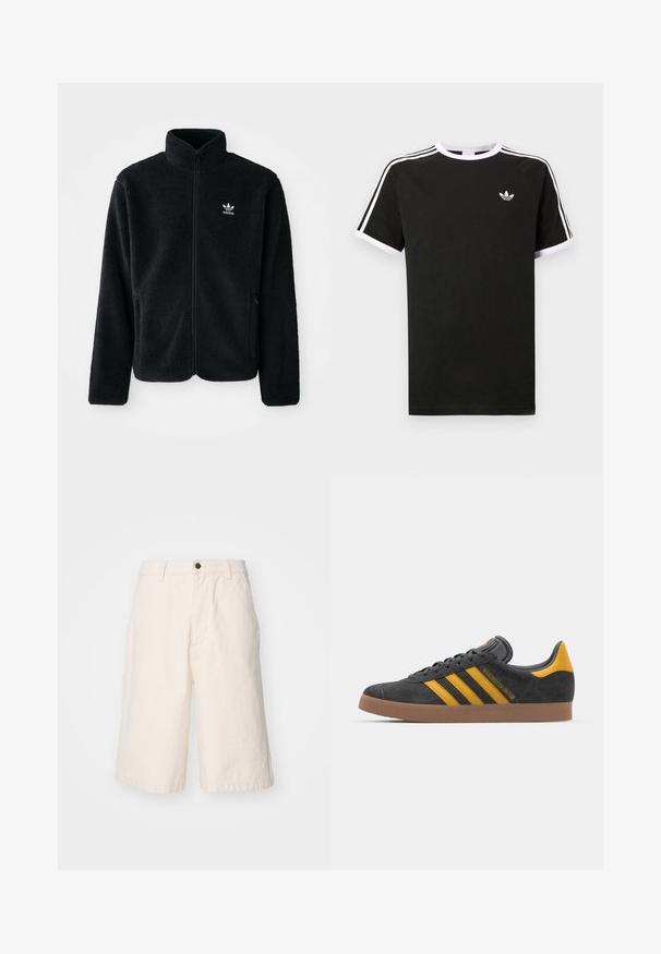 Chupa de forro polar negro con cuello alto, cierre frontal y bolsillos delanteros. Presenta tela texturizada y un pequeño logo blanco en el lado izquierdo del pecho.; Camiseta negra de algodón con detalles en blanco. Presenta mangas cortas, diseño raglán y un pequeño logo en el pecho. Tres franjas blancas en los hombros.; Pantalones cortos de algodón en color beige claro con un corte recto, que presentan un cierre de botón, bolsillos laterales y un dobladillo que cae justo por encima de la rodilla.; Zapatillas de ante negro con acentos amarillos, que presentan tres franjas y una suela de goma marrón. Incluyen una lengüeta acolchada para mayor comodidad.
