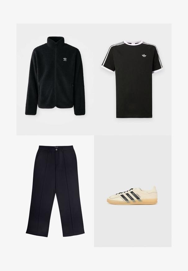 Casaco de fleece preto com gola alta, fecho de correr à frente e bolsos frontais. Apresenta um tecido texturizado e um pequeno logo branco no lado esquerdo do peito.; T-shirt preta feita de algodão com detalhes em branco. Apresenta mangas curtas, design raglan, e um pequeno logótipo no peito. Três riscas brancas nos ombros.; Calças largas pretas feitas de um tecido suave, apresentando fecho com zíper, botão e bolsos frontais. Detalhe vincado notável ao longo de cada perna.; Sapatilhas de creme claro com design de três riscas pretas, parte superior texturizada, bico redondo e sola de borracha. Apresenta atacadores e uma marca na lateral.