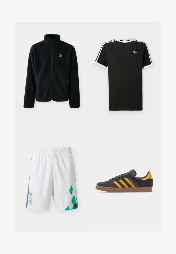 Černá fleecová bunda s vysokým límcem, předním zipem a předními kapsami. Disponuje strukturovanou tkaninou a malým bílým logem na levé hrudi.; Černé tričko vyrobené z bavlny s bílými akcenty. Má krátké rukávy, raglánový střih a malé logo na hrudi. Tři bílé pruhy na ramenou.; Bílé sportovní šortky s elastickým pasem, zdobené tyrkysovým geometrickým vzorem a černými akcenty po stranách. Obsahují velké číslo "3".; Černé semišové tenisky se žlutými akcenty, vybavené třemi pruhy a hnědou gumovou podrážkou. Obsahují polstrovaný jazyk pro pohodlí.