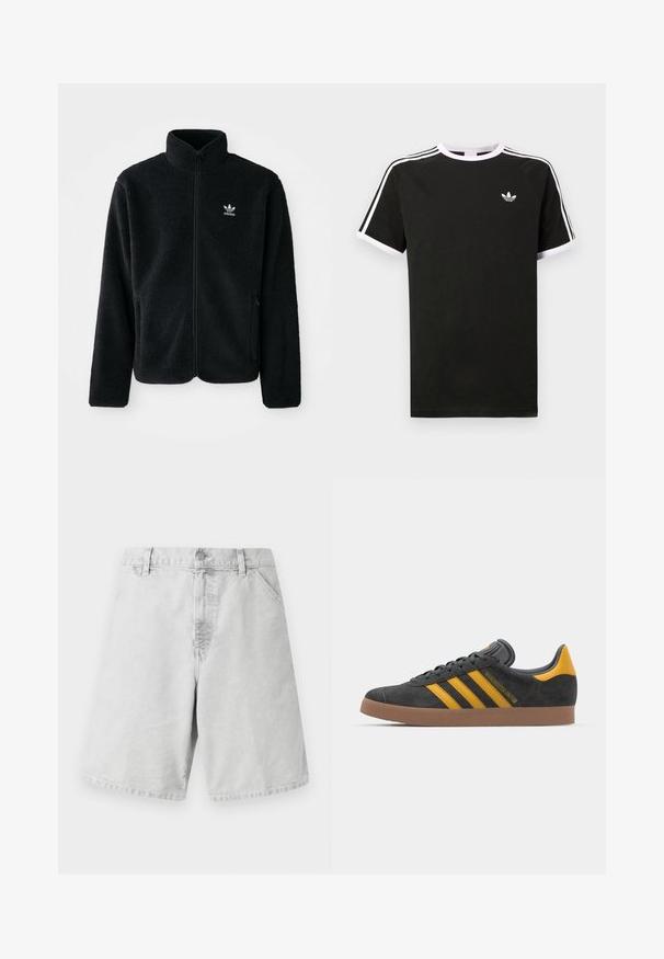 Fekete bolyhos dzseki magas gallérral, cipzáros elejével és elülső zsebeivel. Texturált anyaga és kis fehér logója van a bal mellen.; Fekete, pamutból készült póló, fehér díszítéssel. Rövid ujjú, raglan fazonú, a mellkasán kis logóval. Három fehér csík az vállakon.; Világosszürke pamutsort klasszikus szabással, cipzáras reteszeléssel, övhurkokkal és oldalsó zsebekkel. Simaságával és egyszerű dizájnjával tűnik ki.; Fekete velúrbőr sportcipő sárga díszítéssel, három csíkkal és barna gumitalppal. Párnázott nyelvével a kényelem érdekében.