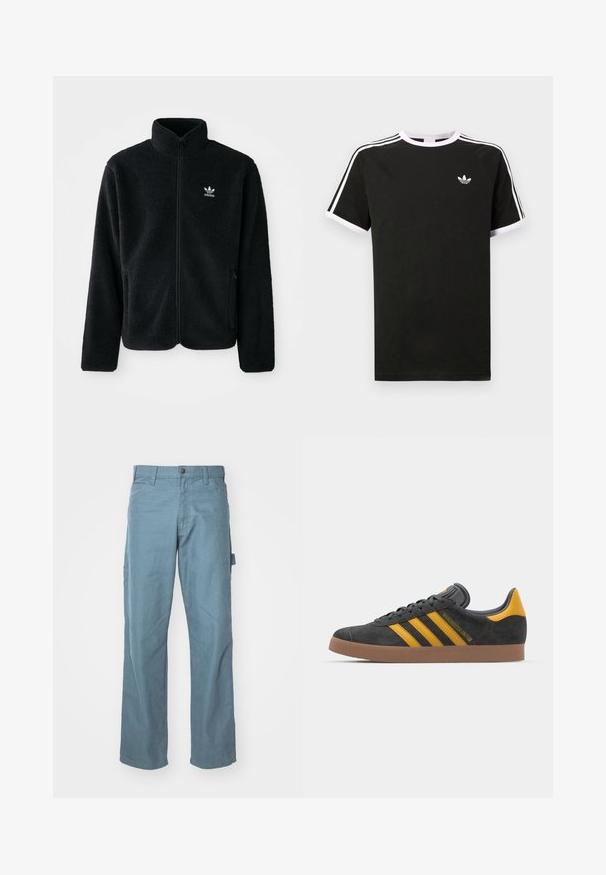 Black fleece jacket with high collar, zip front, and front pockets. Features textured fabric and small white logo on left chest.; Black t-shirt made of cotton with white accents. Features short sleeves, raglan design, and a small logo on the chest. Three white stripes on shoulders.; Light blue cotton cargo pants feature a straight leg design, two side pockets, and a single loop on the waist for added utility.; Black suede sneaker with yellow accents, featuring three stripes and a brown rubber sole. Includes a padded tongue for comfort.