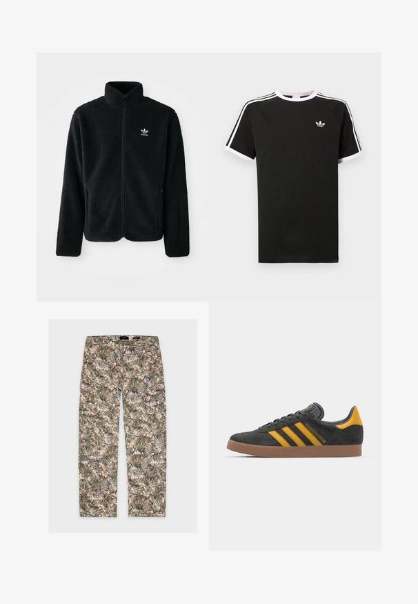 Black fleece jacket with high collar, zip front, and front pockets. Features textured fabric and small white logo on left chest.; Black t-shirt made of cotton with white accents. Features short sleeves, raglan design, and a small logo on the chest. Three white stripes on shoulders.; EIGHTYFIVE CAMOUFLAGE - Relaxed fit jeans - beige/brown/white; Black suede sneaker with yellow accents, featuring three stripes and a brown rubber sole. Includes a padded tongue for comfort.