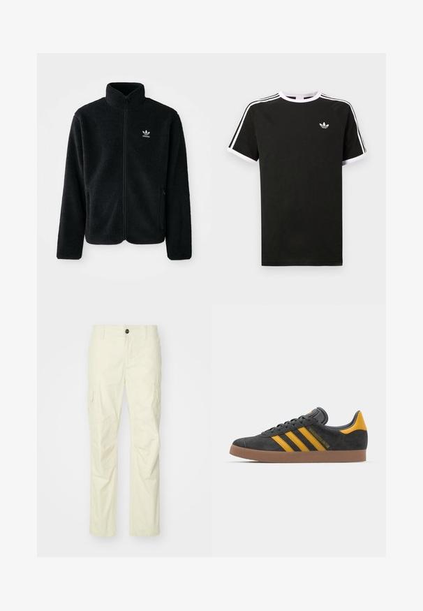 Zwarte fleece jacket met hoge kraag, ritssluiting aan de voorkant en voorzakken. Kenmerkt zich door textuurstof en een klein wit logo op de linkerborst.; Zwarte T-shirt van katoen met witte accenten. Beschikt over korte mouwen, raglanontwerp en een klein logo op de borst. Drie witte strepen op de schouders.; Beige cargobroek gemaakt van lichtgewicht stof, met zijzakken, een knoopsluiting en rechte pijpen. Gladde textuur met nette naden.; Zwarte suède sneakers met gele accenten, voorzien van drie strepen en een bruine rubberen zool. Inclusief een gevoerde tong voor comfort.