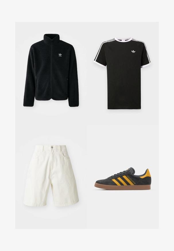 Black fleece jacket with high collar, zip front, and front pockets. Features textured fabric and small white logo on left chest.; Black t-shirt made of cotton with white accents. Features short sleeves, raglan design, and a small logo on the chest. Three white stripes on shoulders.; White denim shorts with a relaxed fit, featuring a waistband, five pockets, and straight legs. The fabric has a slight texture.; Black suede sneaker with yellow accents, featuring three stripes and a brown rubber sole. Includes a padded tongue for comfort.